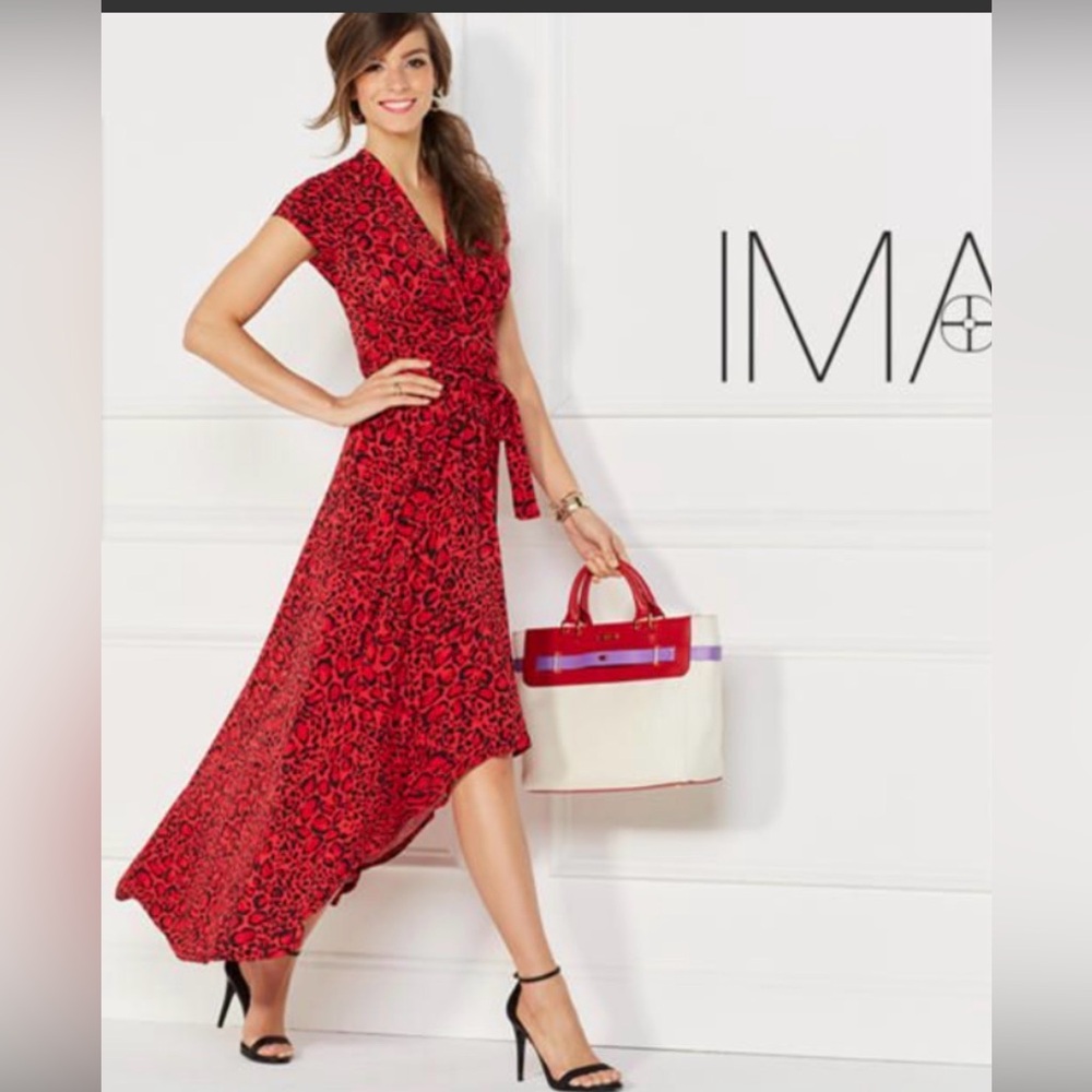 Iman’s Global Chic Elegant Red Tie Front Leopard Print Hi-Low Dress